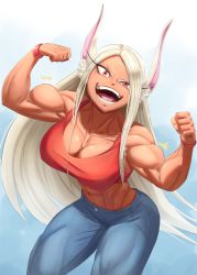 Rule 34 | 1girl, abs, absurdres, bare shoulders, biceps, blonde hair, boku no hero academia, breasts, cleavage, collarbone, crop top, cropped legs, dark-skinned female, dark skin, denim, flexing, grin, highres, jeans, large breasts, long eyelashes, long hair, mirko, mr cheesedong, muscular, muscular arms, muscular female, muscular legs, open mouth, pants, rabbit ears, red eyes, red tank top, smile, solo, standing, tank top, thick thighs, thighs, very long hair