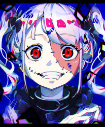 Rule 34 | 1girl, black collar, blue background, chromatic aberration, collar, drooling, fangs, frilled shirt collar, frills, glasgow smile, grey ribbon, grin, hair ribbon, highres, letterboxed, long hair, looking at viewer, mouth drool, mugi626, original, own hands together, pale skin, palms together, portrait, red eyes, ribbon, screentones, smile, solo, stitched face, stitched mouth, stitches, straight-on, twintails, white hair, zombie
