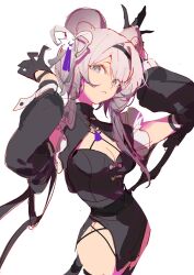 Rule 34 | 1girl, absurdres, animal ears, arknights, arms up, black dress, black gloves, black hairband, breasts, cleavage, cleavage cutout, clothing cutout, cowboy shot, detached sleeves, dress, gloves, grey ribbon, hair ribbon, hairband, highres, indai (3330425), lin (arknights), long hair, long sleeves, looking at viewer, medium breasts, mouse ears, mouse girl, mouse tail, parted lips, pink eyes, pink hair, ribbon, simple background, solo, tail, white background