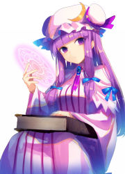 Rule 34 | 1girl, blue ribbon, book, crescent, crescent hair ornament, hair ornament, hair ribbon, hat, hat ribbon, long hair, magic circle, patchouli knowledge, purple eyes, purple hair, red ribbon, ribbon, simple background, sitting, solo, striped, touhou, white background, yusano