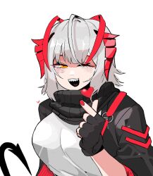 Rule 34 | 1girl, antennae, arknights, bbizim03, black gloves, black scarf, breasts, character name, fingerless gloves, gloves, grey hair, heart, highres, horns, large breasts, looking at viewer, one eye closed, open mouth, orange eyes, red horns, red nails, scarf, sharp teeth, simple background, solo, tail, teeth, upper body, w (arknights), white background