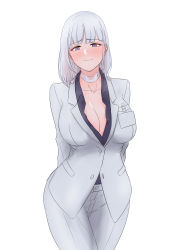 Rule 34 | 1girl, absurdres, arms behind back, bandaged neck, bandages, black shirt, blunt bangs, blush, breasts, cleavage, closed mouth, collarbone, collared shirt, formal, girls&#039; frontline, grey blazer, grey pants, grey suit, highres, id card, large breasts, looking at viewer, medium hair, nayama, open clothes, open shirt, pant suit, pants, purple eyes, rpk-16 (girls&#039; frontline), rpk-16 (renate) (girls&#039; frontline), shirt, silver hair, solo, suit, unbuttoned, unbuttoned shirt, white background