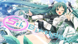 Rule 34 | 1girl, ;d, absurdly long hair, aqua hair, blush, daidou (demitasse), green eyes, hair ornament, happy birthday, hatsune miku, highres, long hair, looking at viewer, one eye closed, open mouth, skirt, smile, solo, twintails, ura-omote lovers (vocaloid), very long hair, vocaloid, waving, wink