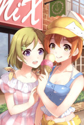 Rule 34 | 10s, 2girls, :&lt;, anchor, animal print, bad id, bad pixiv id, blonde hair, breasts, brick wall, cleavage, collarbone, double scoop, dress, fish print, food, gingham, gingham dress, hair ornament, hat, highres, hoshizora rin, ice cream, ice cream cone, kamon (shinshin), koizumi hanayo, licking lips, love live!, love live! school idol festival, love live! school idol project, medium breasts, midriff, multiple girls, navel, open mouth, outdoors, red hair, sprinkles, sura (mana0703), tongue, tongue out, whale