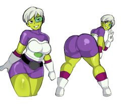 Rule 34 | 1girl, absurdres, alien, ass, breasts, cheelai, clothes, colored skin, dragon ball, dragon ball super, dragon ball super broly, elbow gloves, female focus, gloves, green-tinted eyewear, green skin, highres, huge ass, looking at viewer, looking back, medium breasts, medium hair, purple eyes, scouter, silver hair, simoncrips, simple background, solo, tinted eyewear, white background, white gloves