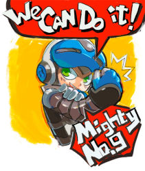 Rule 34 | 1boy, bad id, bad tumblr id, beck (mighty no. 9), bras d&#039;honneur, copyright name, english text, fist pump, green eyes, helmet, male focus, mighty no. 9, parody, rnn, robot, rosie the riveter, solo, we can do it!