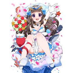 Rule 34 | 1girl, black hair, bouquet, bow, breasts, cleavage, elbow gloves, fish, flower, frilled skirt, frills, gloves, hair bow, headdress, kusaka souji, long hair, looking at viewer, octopus, official art, open mouth, outstretched arm, petals, purple eyes, round teeth, seashell, shell, shrimp, skirt, solo, sparkle, starfish, teeth, transparent background, uchi no hime-sama ga ichiban kawaii, underbust, whale