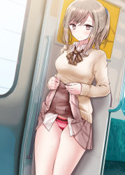 Rule 34 | 1girl, blush, bow, bowtie, breasts, brown bow, brown bowtie, brown eyes, brown skirt, clothes lift, hair ornament, hair scrunchie, interior, lifted by self, light brown hair, long hair, long sleeves, looking at viewer, medium breasts, medium hair, oouso, original, panties, pantyshot, pleated skirt, red panties, scrunchie, shirt, sidelocks, skirt, skirt lift, solo, standing, sweat, sweater, thighs, underwear, white shirt, yellow sweater