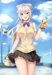 Rule 34 | 1girl, :d, absurdres, amagi korona, bag, black skirt, blue bow, blue neckwear, blue sky, blush, bottle, bow, breasts, cloud, collared shirt, commentary request, cowboy shot, day, fence, flag, grey hair, hair between eyes, hair bow, hair ornament, highres, higuchi kaede, higuchi kaede (3rd costume), holding, holding bag, holding bottle, large breasts, long hair, miniskirt, nijisanji, open mouth, outdoors, plaid, plaid bow, plaid neckwear, plaid skirt, pleated skirt, ponytail, purple eyes, rooftop, school uniform, shirt, short sleeves, sidelocks, skirt, sky, smile, solo, sparkle, sweater vest, thighs, very long hair, virtual youtuber, water bottle, white bow, wing collar, zipper