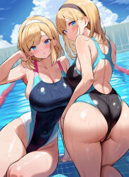 2girls absurdres ass back black_hairband blonde_hair blue_eyes blue_sky blush breasts cleavage cloud collarbone commentary_request competition_swimsuit covered_navel day hairband hand_in_own_hair highleg highres ichi-jirushi large_breasts long_hair looking_at_viewer looking_back multiple_girls one-piece_swimsuit original outdoors parted_lips partially_visible_vulva pool poolside shoulder_blades sky swimsuit thighs wet white_hairband