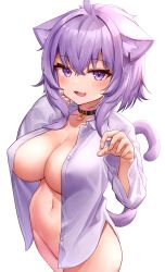 Rule 34 | 1girl, :d, absurdres, ahoge, animal ear fluff, animal ears, bad id, bad twitter id, blush, breasts, buckle, cat ears, cat girl, cat tail, cleavage, collar, collared shirt, covered erect nipples, cowboy shot, deaver, dress shirt, fang, groin, hands up, highres, hololive, large breasts, long sleeves, looking at viewer, naked shirt, nekomata okayu, nekomata okayu (oversized shirt), no bra, no panties, open mouth, purple eyes, purple hair, purple shirt, shirt, short hair, simple background, sleeves past wrists, smile, solo, tail, unbuttoned, unbuttoned shirt, virtual youtuber, white background