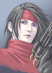 Rule 34 | 1boy, black gloves, black hair, cloak, closed mouth, final fantasy, final fantasy vii, gloves, grey background, gun, handgun, headband, high collar, holding, holding gun, holding weapon, long hair, looking to the side, male focus, pale skin, parted bangs, portrait, red cloak, red eyes, red headband, sd supa, solo, vincent valentine, weapon