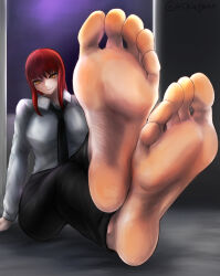 Rule 34 | 1girl, 45kingman, absurdres, barefoot, chainsaw man, feet, highres, long hair, looking at viewer, makima (chainsaw man), parted lips, red hair, smile, soles, toes, yellow eyes