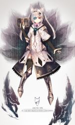 Rule 34 | 1girl, animal ears, armor, black thighhighs, book, bridal gauntlets, capelet, closed mouth, dress, expressionless, eyepatch, fox ears, fox girl, fox tail, full body, garter straps, greaves, hairband, holding, holding book, looking at viewer, mask, mask on head, multiple tails, munuu, open book, original, red eyes, short hair, silver hair, solo, tail, thighhighs, two side up, white dress