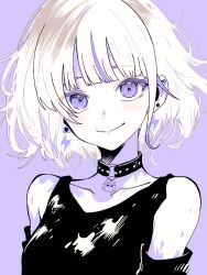 Rule 34 | 1girl, bare shoulders, black choker, black shirt, choker, closed mouth, collarbone, commentary, detached sleeves, earrings, hololive, hololive dev is, jewelry, looking at viewer, multicolored hair, off-shoulder shirt, off shoulder, portrait, purple background, purple eyes, purple hair, shirt, short hair, simple background, smile, solo, streaked hair, symbol-only commentary, todoroki hajime, upper body, virtual youtuber, white hair