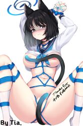 Rule 34 | 1girl, absurdres, animal ears, arms up, artist name, bdsm, black choker, black eyes, black hair, blue archive, blue halo, blue neckerchief, blue sailor collar, blush, body writing, bondage, bound, bound wrists, breasts, cat ears, cat tail, choker, closed mouth, clothes lift, commentary, covered erect nipples, crying, crying with eyes open, english commentary, halo, highres, kikyou (blue archive), knees up, legs up, long sleeves, looking at viewer, medium breasts, multiple tails, navel, neckerchief, no shoes, restrained, sailor collar, shaded face, shibari, shirt, shirt lift, short hair, simple background, socks, solo, spread legs, stomach, tail, tail censor, tears, thighs, tia (4017342), two tails, white background, white shirt, white socks