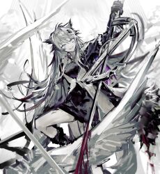 Rule 34 | 1girl, animal ears, arknights, black coat, black dress, black gloves, blood, bloody weapon, coat, dress, gloves, grey hair, grin, hair ornament, hairclip, highres, holding, holding sword, holding weapon, knee up, lappland (arknights), lappland (refined horrormare) (arknights), long hair, long sleeves, looking at viewer, remsrar, scar, scar across eye, smile, solo, standing, sword, tail, teeth, very long hair, weapon, wings, wolf ears, wolf girl, wolf tail