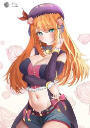 Rule 34 | 1girl, absurdres, arm under breasts, blue eyes, blush, breasts, commentary, commission, english commentary, hair ornament, highres, large breasts, long hair, looking at viewer, navel, orange hair, original, pixiv commission, purple headwear, shorts, simple background, smile, solo, vodeferr