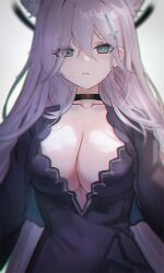 Rule 34 | 1girl, animal ears, black choker, black dress, blue archive, blue eyes, breasts, choker, cleavage, commentary request, cross hair ornament, dress, eyes visible through hair, grey background, grey eyes, grey hair, hair ornament, laevatein (touhou), large breasts, long hair, looking at viewer, moth1, shiroko (blue archive), shiroko terror (blue archive), solo, touhou