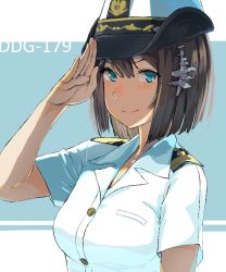 Rule 34 | 1girl, alternate costume, blue eyes, blush, bob cut, brown hair, commentary, hair ornament, hat, kantai collection, looking at viewer, maya (kancolle), military, military hat, military uniform, naval uniform, peaked cap, salute, shirt, short hair, short sleeves, smile, solo, two-tone background, uniform, white shirt, you (yawnmgmg)