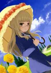 Rule 34 | 1girl, bad id, bad pixiv id, blonde hair, bridge, brown eyes, catocala, cloud, day, flower, glasses, long hair, looking at viewer, outdoors, parasol, perrine h. clostermann, sky, smile, strike witches, tree, umbrella, world witches series
