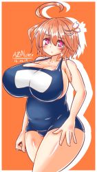 Rule 34 | 10s, 1girl, ahoge, alternate breast size, ayazumi flutter, blue one-piece swimsuit, blush, breasts, cleavage, collarbone, female focus, huge breasts, i-58 (kancolle), kantai collection, looking at viewer, one-piece swimsuit, orange hair, pink eyes, plump, school swimsuit, short hair, sideboob, simple background, solo, standing, swimsuit