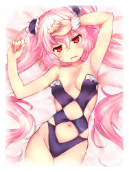 Rule 34 | 1girl, breasts, casual one-piece swimsuit, cleavage, frilled swimsuit, frills, highres, long hair, nyama, one-piece swimsuit, pink hair, purple one-piece swimsuit, red eyes, scrunchie, solo, swimsuit, twintails, very long hair, wavy mouth, wrist scrunchie