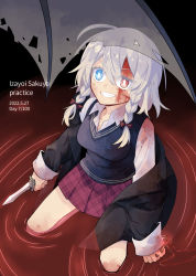 Rule 34 | 1girl, bat wings, black jacket, blood, blood on clothes, blood on face, blue eyes, bow, braid, chinese commentary, commentary request, english text, heterochromia, highres, holding, holding knife, holding pocket watch, holding weapon, izayoi sakuya, jacket, knife, ko kita, pocket watch, red bow, red eyes, school uniform, sharp teeth, shirt, skirt, solo, teeth, touhou, watch, water, weapon, white hair, white shirt, wings