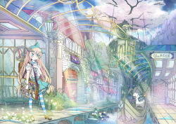 Rule 34 | 1girl, absurdres, backpack, bag, blonde hair, blue eyes, blue pantyhose, blush, boat, gondola, graphite (medium), green eyes, highres, holding, holding oar, lamppost, light rays, looking at another, looking away, multicolored eyes, oar, original, pantyhose, rabbit, remosse512, scenery, striped clothes, striped pantyhose, sunbeam, sunlight, traditional media, tree, watercraft
