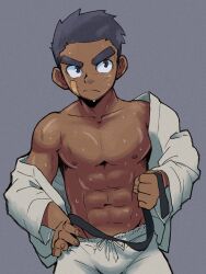 Rule 34 | &gt;:(, 1boy, abs, bandaid, bandaid on face, black eyes, black hair, bulge, collarbone, dark-skinned male, dark skin, dougi, grey background, highres, las (las72), male focus, muscular, muscular male, nipples, open clothes, open shirt, original, pants, shirt, short hair, simple background, solo, sweat, thick eyebrows, undressing, v-shaped eyebrows, white pants, white shirt