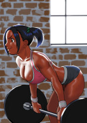 Rule 34 | 1girl, :q, arung samudra (cessa), barbell, bent over, black hair, breasts, cessa, cleavage, commentary, dark skin, dark-skinned female, english commentary, exercising, forehead, gym, gym shorts, hair bobbles, hair ornament, indoors, large breasts, ombok diving and delivery services, pink sports bra, short shorts, short twintails, shorts, solo, sports bra, tongue, tongue out, twintails, very dark skin, wristband