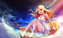 Rule 34 | 1girl, :d, bad id, bad pixiv id, barefoot, blonde hair, breasts, cleavage, crescent, dress, eunyeon, flying, full body, jewelry, legs, long legs, looking at viewer, medium breasts, necklace, night, open mouth, sitting, smile, solo, star (symbol), strapless, strapless dress, white dress, yellow eyes