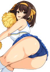 1girl :d ass bent_over blue_panties blue_skirt breasts brown_hair cheerleader commentary_request hair_between_eyes hairband haruhisky highres holding holding_pom_poms kneehighs medium_breasts medium_hair official_alternate_costume open_mouth panties pleated_skirt pom_pom_(cheerleading) pom_poms ribbon simple_background skirt smile socks solo standing suzumiya_haruhi suzumiya_haruhi_no_yuuutsu thighs tongue underwear white_background white_socks yellow_hairband yellow_ribbon