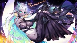 Rule 34 | 1girl, aqua hair, black footwear, black skirt, black thighhighs, blue eyes, breasts, commission, commissioner name, covered navel, crescent moon, dark skin, earrings, grey hair, high heels, horns, jewelry, large breasts, looking at viewer, moon, multicolored hair, munlu (wolupus), night, night sky, original, pointy ears, see-through, see-through shirt, signature, skeb commission, skirt, sky, solo, star (sky), tail, thighhighs
