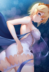 Rule 34 | 1girl, absurdres, ass, ass cutout, bare arms, bare shoulders, blonde hair, blue eyes, blue hair, blush, breasts, butt crack, closed mouth, clothing cutout, commentary request, dress, dutch angle, europa (granblue fantasy), gradient hair, granblue fantasy, hair ornament, highres, huge ass, jewelry, lips, looking at viewer, medium breasts, multicolored hair, night, night sky, shiny skin, short dress, short hair, simple background, sky, smile, solo, star (sky), starry sky, strapless, strapless dress, tiara, vitotraps