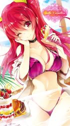 Rule 34 | 10s, 1girl, ;), absurdres, bikini, breasts, character name, choker, cleavage, collarbone, crepe, food, hair ribbon, hand on own cheek, hand on own face, heart, highres, holding, large breasts, long hair, looking at viewer, navel, novel illustration, off shoulder, official art, one eye closed, open clothes, open shirt, outdoors, parfait, purple bikini, rakudai kishi no cavalry, red eyes, red hair, ribbon, shirt, smile, solo, stella vermillion, stomach, swimsuit, twintails, white shirt, won (az hybrid), yellow ribbon