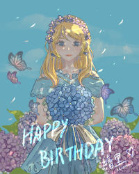 Rule 34 | 1girl, aqua dress, aqua skirt, artist request, ayase eli, bare shoulders, blonde hair, blue eyes, blue sky, blush, bouquet, bug, butterfly, chisaimei, cloud, collarbone, day, dress, earrings, female focus, flower, flower wreath, hair between eyes, hair over shoulder, hair wreath, heart, heart earrings, highres, holding, holding bouquet, insect, jewelry, long hair, looking at viewer, love live!, love live! school idol project, outdoors, parted lips, ponytail, skirt, sky, smile, solo