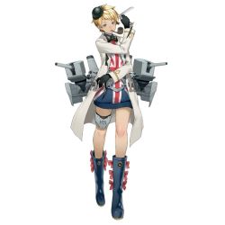 Rule 34 | 1girl, black bow, black bowtie, blonde hair, boots, bow, bowtie, coat, full body, gloves, green eyes, head tilt, hms bulldog (victory belles), knife, looking at viewer, official art, pipe in mouth, rubber boots, salmon88, short hair, simple background, smoking pipe, solo, standing, thigh strap, union jack, victory belles, white background