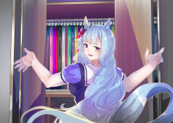 Rule 34 | 1girl, animal ears, blue hair, blush, closet, commentary request, commission, doushi tatsu to dekkai no, ear ornament, elbow gloves, gloves, highres, horse ears, horse girl, horse tail, looking at viewer, mejiro ardan (umamusume), open mouth, pixiv commission, puffy short sleeves, puffy sleeves, purple eyes, purple shirt, school uniform, shirt, short sleeves, smile, solo, summer uniform, tail, textless version, tracen school uniform, umamusume, upper body