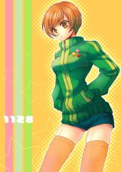 Rule 34 | 1girl, atlus, brown eyes, brown hair, female focus, hands in pockets, hortensias, jacket, lapel pin, megami tensei, orange thighhighs, persona, persona 4, satonaka chie, shin megami tensei, short hair, shorts, skindentation, solo, thighhighs, track jacket