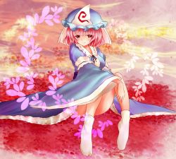 Rule 34 | 1girl, armband, blush, breasts, cherry blossoms, convenient leg, female focus, gradient background, hat, japanese clothes, kimono, knees up, light smile, looking at viewer, mob cap, no shoes, obi, petals, pink eyes, pink hair, saigyouji yuyuko, sash, short hair, sitting, solo, tabi, totolarc, touhou, triangular headpiece