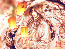 Rule 34 | 1boy, adjusting clothes, adjusting headwear, artist name, black hair, blurry, blurry background, blurry foreground, branch, chinese clothes, flower, hat, highres, lantern, long hair, long sleeves, outdoors, paper lantern, solo, straw hat, tianguan cifu, very long hair, xie lian, yuuefa