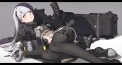 Rule 34 | 1girl, ak-alfa, ak-alfa (girls&#039; frontline), assault rifle, black gloves, black jacket, black legwear, breasts, commentary, english commentary, girls&#039; frontline, gloves, grey background, gun, headgear, highres, holding, holding gun, holding weapon, jacket, letterboxed, long hair, looking at viewer, lying, on side, orange eyes, parted lips, partially fingerless gloves, pouch, rifle, shade, silver hair, solo, tai san ps4, thigh pouch, weapon, weapon case