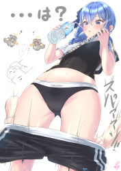 Rule 34 | 2girls, absurdres, blue eyes, blue hair, bottle, calvin klein, camisole, character name, clothes pull, covered navel, crop top, drinking straw, highres, hololive, hololive dance practice uniform, hoshimachi suisei, kazama iroha, looking down, midriff, multiple girls, official alternate costume, open mouth, panties, pokobee, pulling another&#039;s clothes, shorts, shorts pull, side ponytail, solo focus, sweat, syam illust, tanuki, underwear, virtual youtuber, water bottle