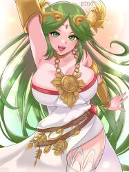 Rule 34 | 1girl, ancient greek clothes, armlet, artist name, bare shoulders, breasts, chain, chiton, circlet, cleavage, collarbone, dress, forehead jewel, gold chain, gold diadem, green eyes, green hair, highres, jewelry, kid icarus, kid icarus uprising, large breasts, long hair, neck ring, nintendo, p i n o, palutena, parted bangs, pendant, single thighhigh, solo, strapless, strapless dress, teeth, thighhighs, tiara, upper teeth only, vambraces, very long hair, white dress, white thighhighs