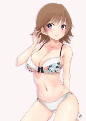 Rule 34 | 1girl, blush, bra, breasts, brown hair, cleavage, collarbone, cowboy shot, grey eyes, hiei (kancolle), highres, kantai collection, large breasts, navel, neve (morris-minicooper), open mouth, panties, short hair, signature, simple background, solo, underwear, underwear only, white background, white bra, white panties