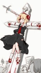 Rule 34 | 1girl, black skirt, blonde hair, blood, blood on face, bolos, cross, crucifixion, death, english text, full body, guro, hair ribbon, highres, impaled, leg warmers, long sleeves, multiple boys, nail, necktie, outstretched arms, red eyes, red footwear, red neckwear, red ribbon, ribbon, rumia, shoes, sign, simple background, single shoe, skirt, skirt set, skull, solo focus, sword, torn clothes, torn skirt, touhou, vest, weapon, white background, white legwear