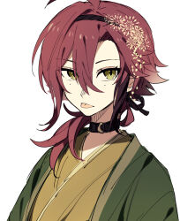 Rule 34 | 1boy, :p, ahoge, alternate costume, bishounen, brown hair, choker, flower, genshin impact, green eyes, hair between eyes, hair ornament, highres, japanese clothes, kimono, long hair, looking at viewer, male focus, mole under each eye, mole under eye, multicolored hair, multiple moles, red hair, ryu genshin77, shikanoin heizou, simple background, solo, streaked hair, tongue, tongue out, two-tone hair, upper body, white background