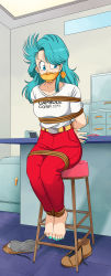 Rule 34 | 1girl, absurdres, arms behind back, barefoot, bdsm, belt, blue eyes, blue hair, blush, bondage, bound, bound ankles, bound arms, bound wrists, breasts, bulma, capsule corp, cloth gag, dragon ball, dragonball z, gag, gagged, highres, improvised gag, long hair, lost one zero, medium breasts, nail polish, over the mouth gag, pants, red pants, shirt, shoes, unworn shoes, toenail polish, toenails, white shirt