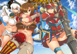 Rule 34 | 3girls, armor, black panties, blonde hair, blue eyes, breasts, brown eyes, brown hair, cameltoe, capcom, cleavage, cleft of venus, conga (armor), dual wielding, feathers, fingerless gloves, fur, gloves, hairband, hermitaur (armor), holding, kirin (armor), lance, large breasts, long hair, midriff, mizuryu kei, monster hunter (series), multiple girls, navel, open mouth, panties, polearm, red hair, shirt, short hair, spear, taut clothes, taut shirt, thigh strap, thighhighs, torn clothes, underboob, underwear, weapon, white hair, white panties